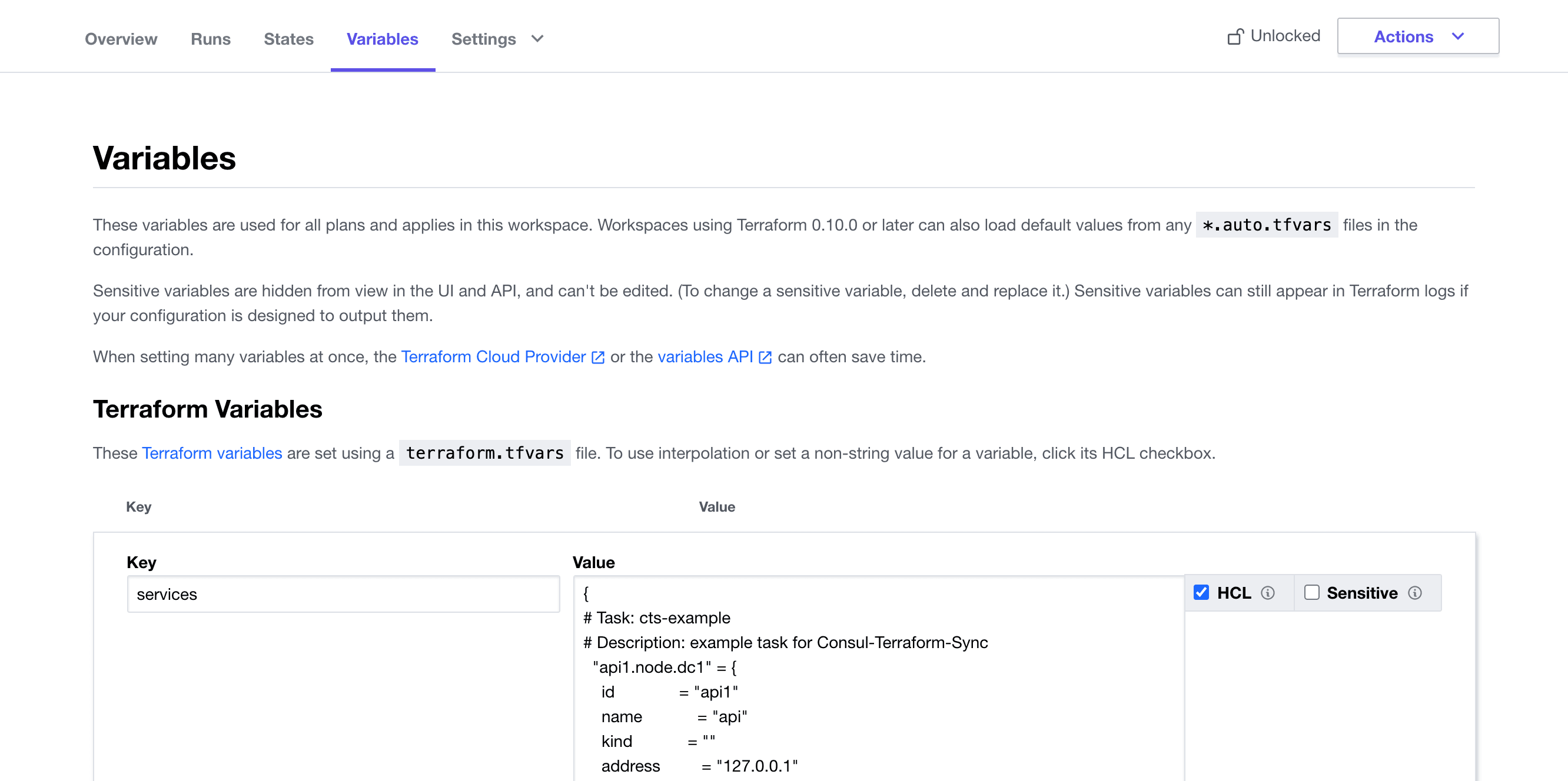 CTS Workspace Variables