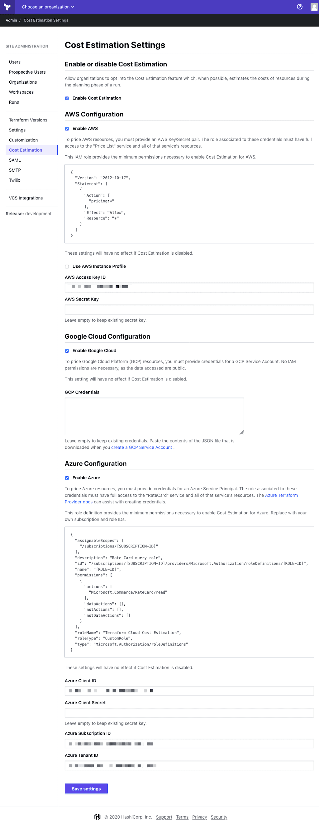 screenshot: the Cost Estimation admin page