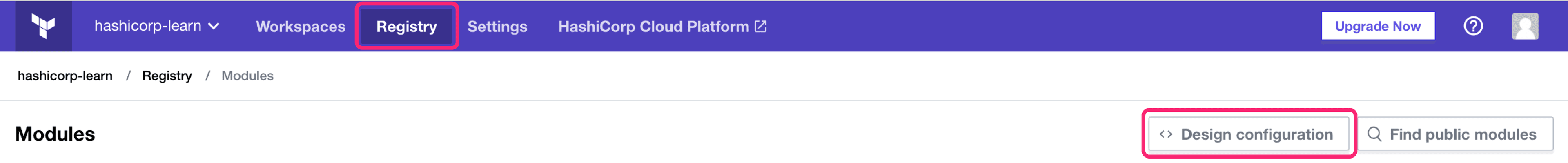 Terraform Cloud screenshot: the design configuration button