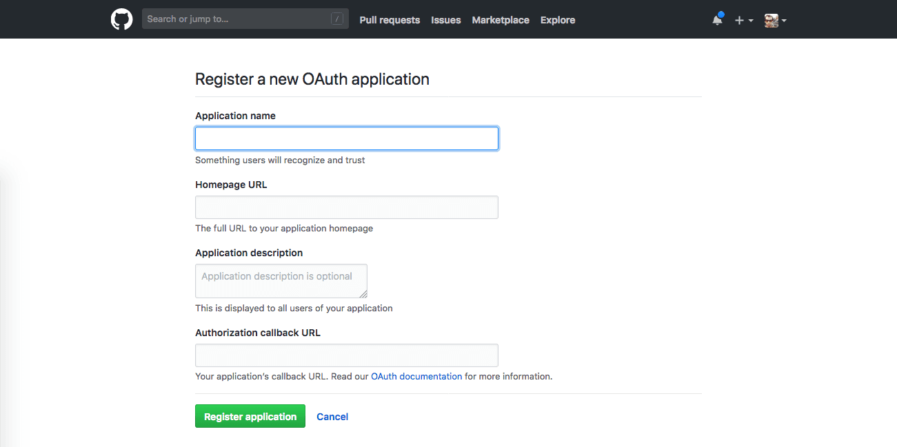 GitHub screenshot: New OAuth application fields