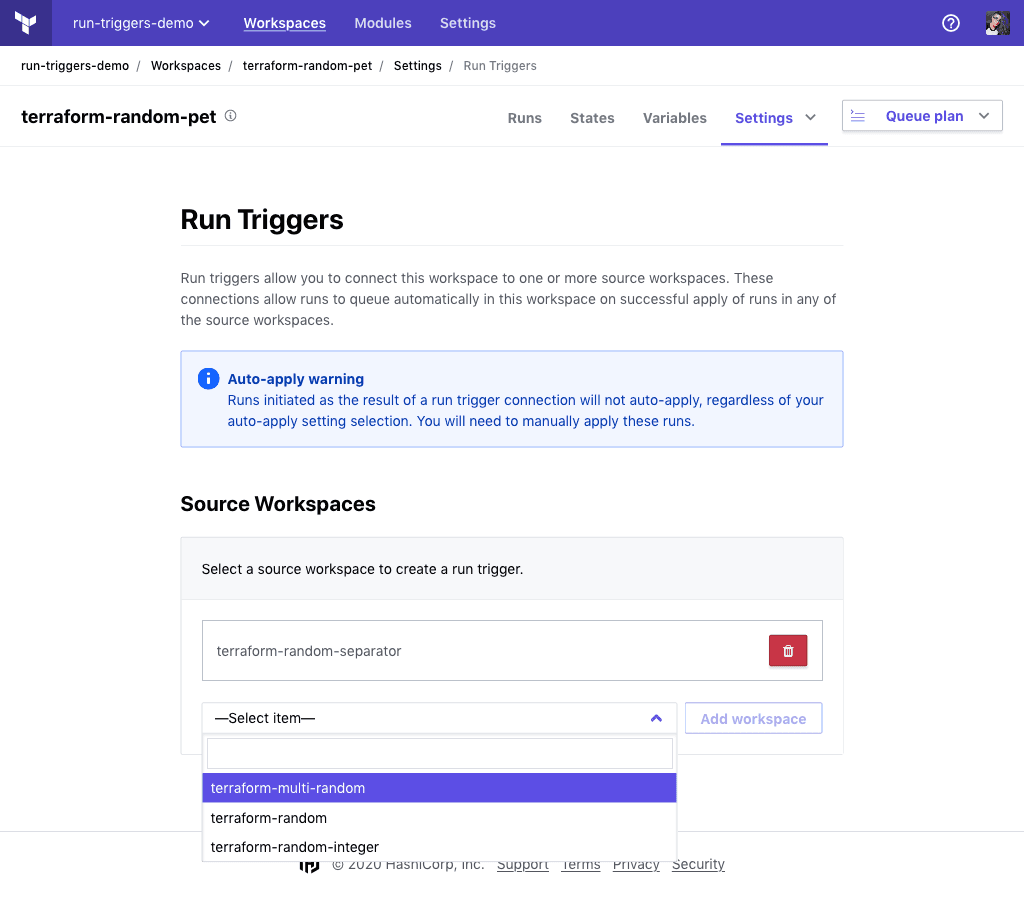 Screenshot: a workspace's run triggers settings page, with the source workspace dropdown open