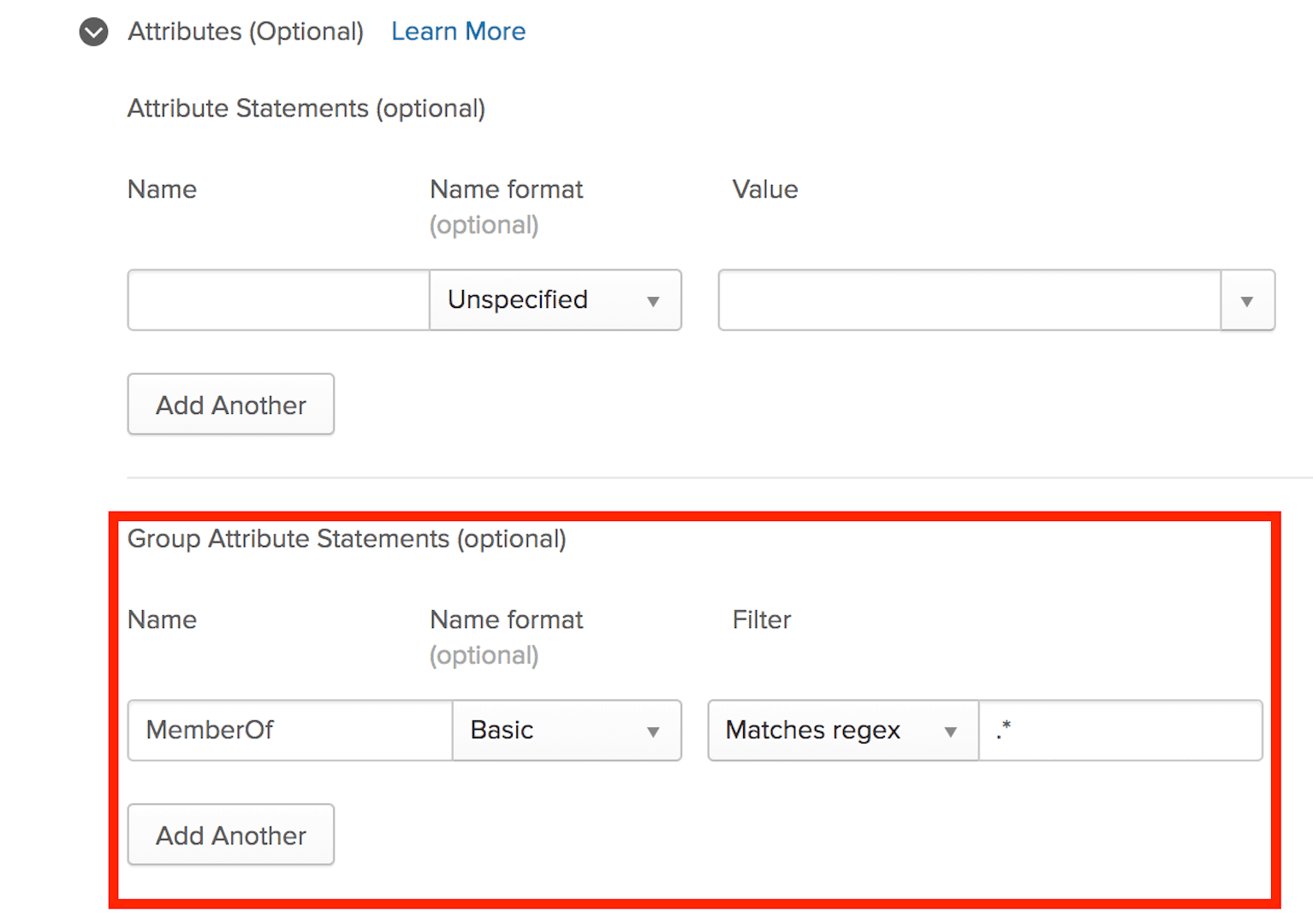 The customizable Group Attribute fields appear beneath the text "Group Attribute Statements (optional)"