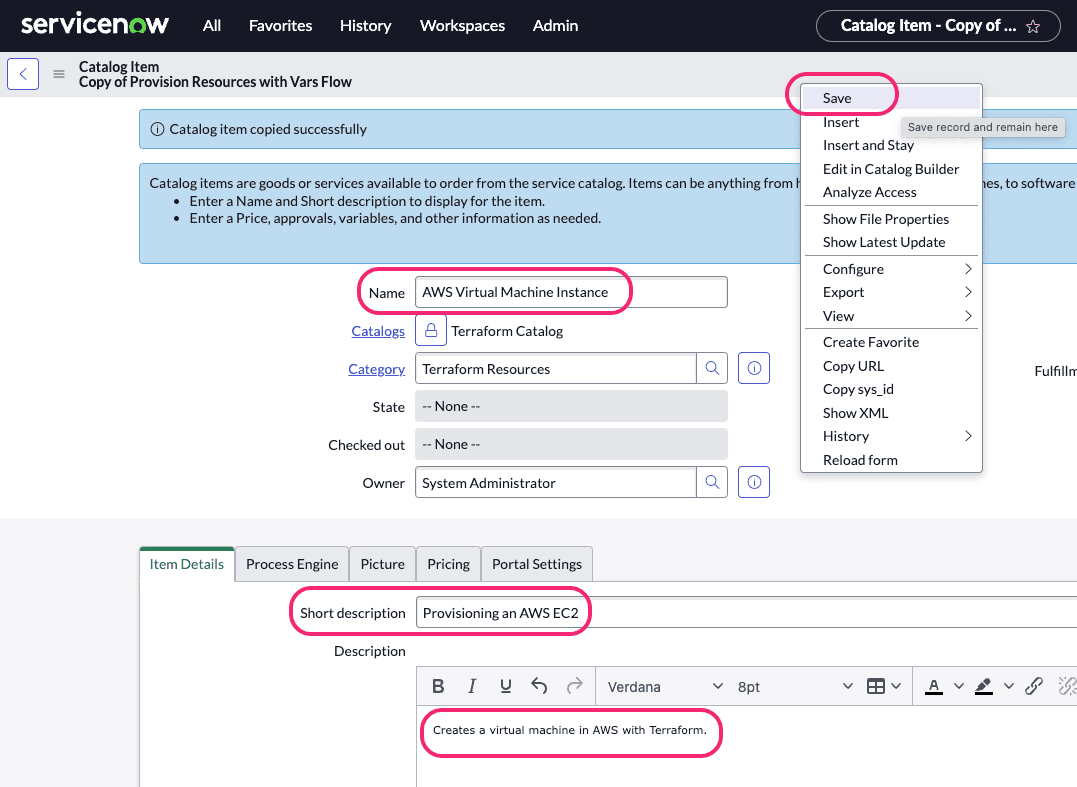 Screenshot: ServiceNow Copy Item