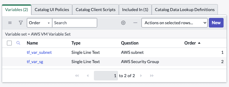 Screenshot: ServiceNow New Variables