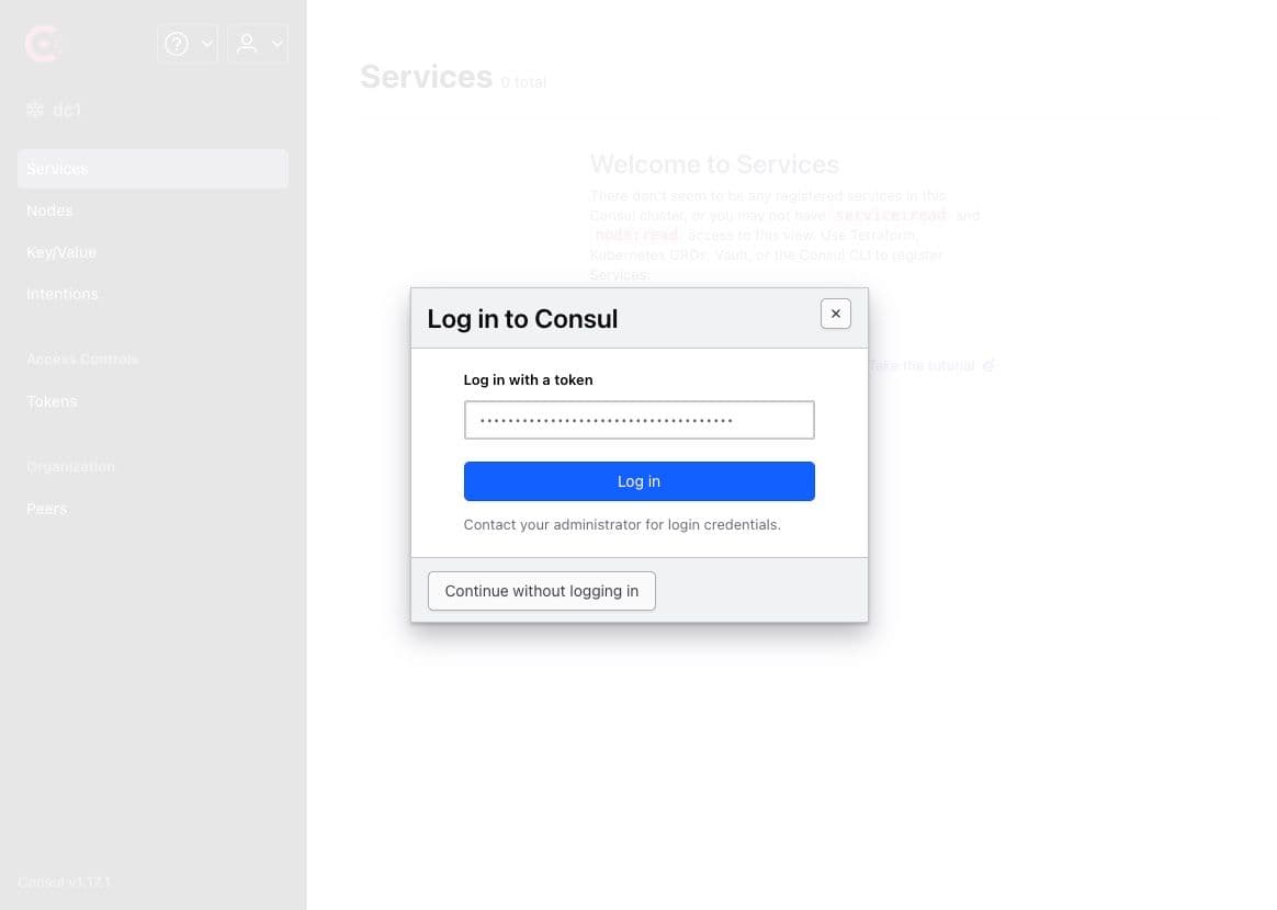 Consul UI with log in dialog