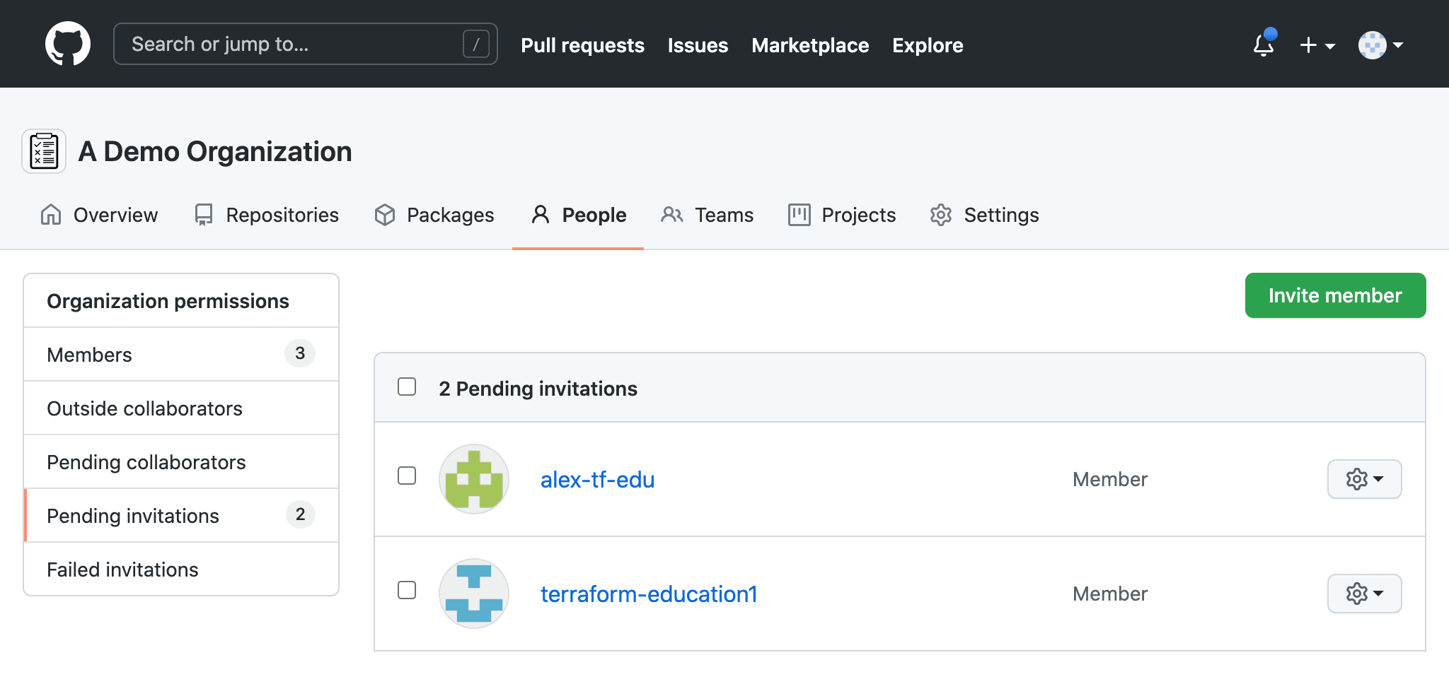 Pending invitations dashboard containing invitation for alex-tf-edu and terraform-education1