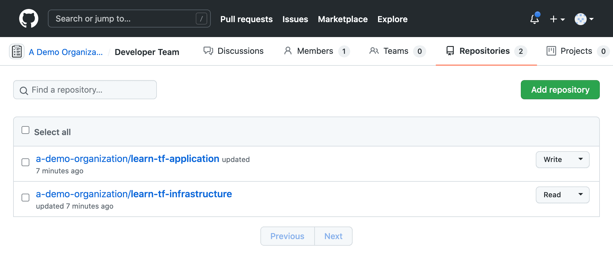 Dashboard showing that the developer team having write access to the learn-tf-application repository and read access to the learn-tf-infrastructure repository