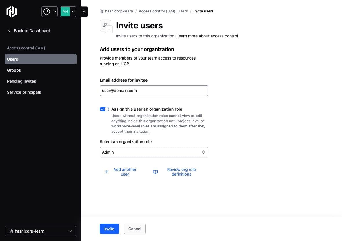 HCP user invite page showing the admin role selected